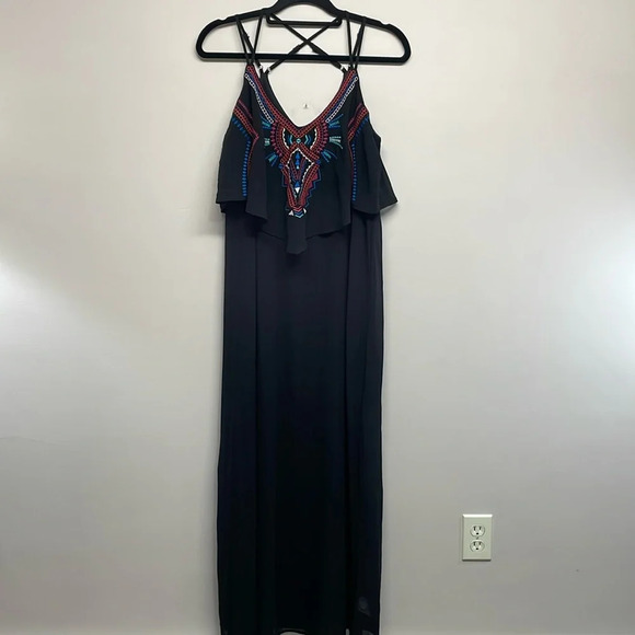 Xhilaration Black Maxi Dress Boho Embroidered Spaghetti Strap M - Picture 1 of 13